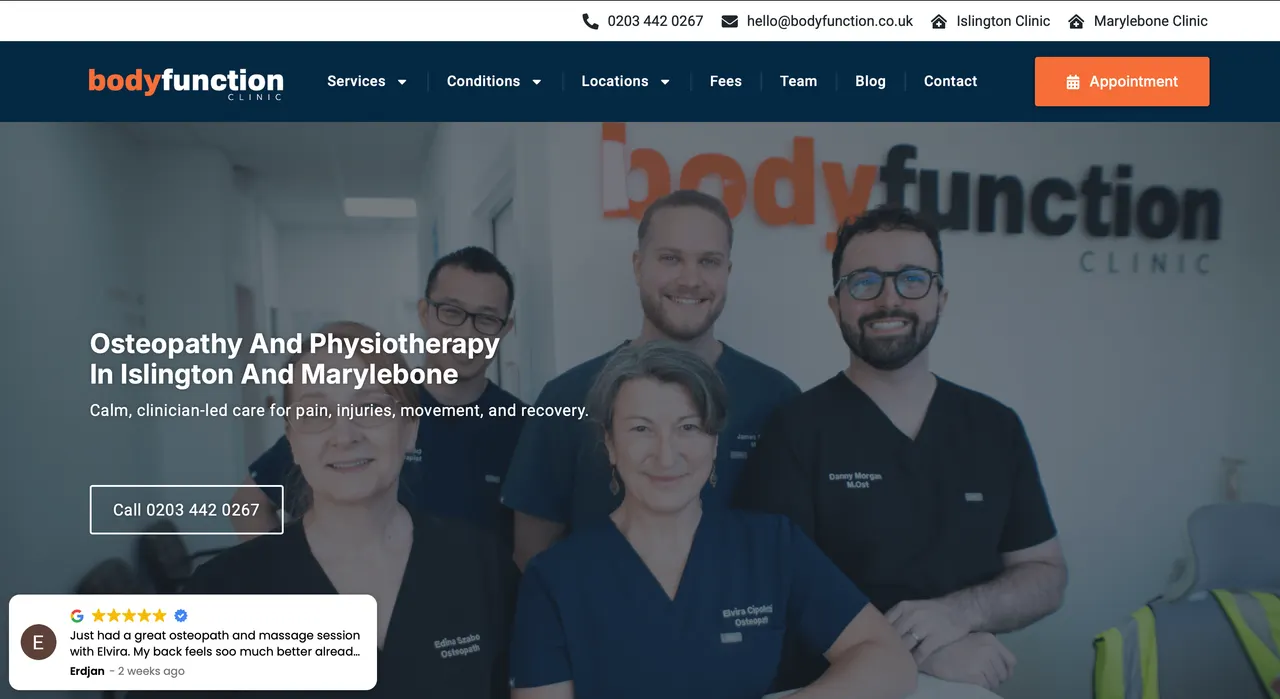 Bodyfunction Clinic website showing its Islington osteopathy team